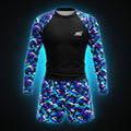 Electric Digital camo BJJ rash guard and matching no-gi shorts