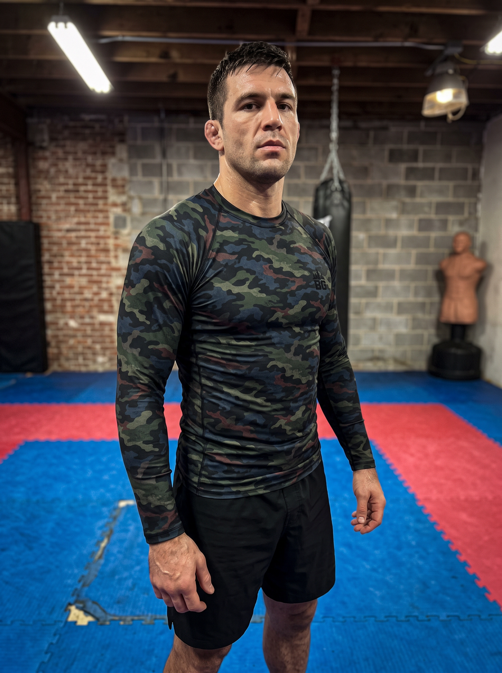 Grappler wearing the Midnight Hunt camo BJJ rash guard